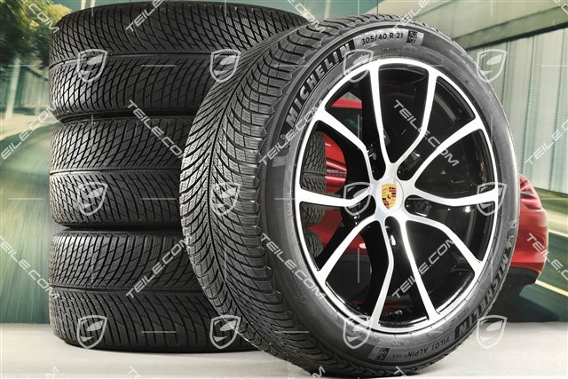 21" Cayenne COUPE Exclusive Design Winterräder Satz, Felgen 9,5J x 21 ET46 + 11,0J x 21 ET49 + NEUE Michelin Pilot Alpin 5 SUV Winterreifen 285/45 R21 + 305/40 R21, mit RDK-Sensoren, schwarz hochglanz