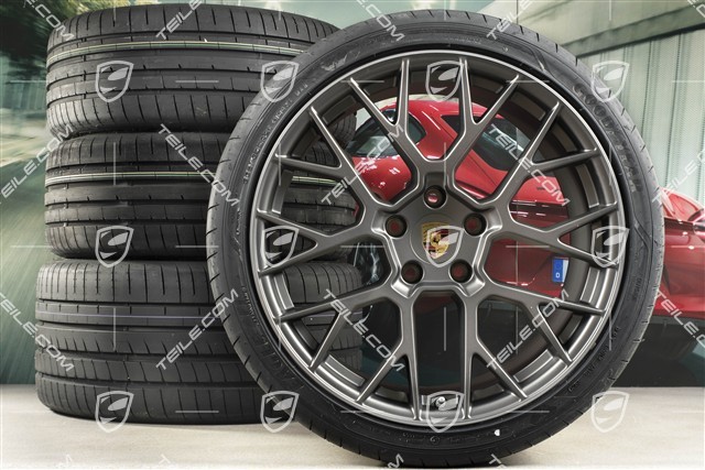20"+21" koła letnie, komplet RS Spyder Design, felgi 8,5J x 20 ET53 + 11,5J x 21 ET67 + NOWE opony letnie Goodyear 245/35 R20 + 305/30 R21, z czujnikami ciśnienia, Platinum satynowy półmat
