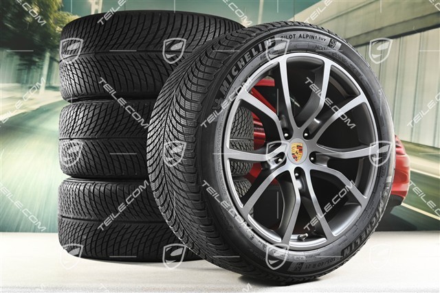 21" Cayenne Exclusive Design Winterräder Satz, Felgen 9,5J x 21 ET46 + 11,0J x 21 ET49 + NEUE Michelin Pilot Alpin 5 SUV Winterreifen 285/45 R21 + 305/40 R21, mit RDK-Sensoren, Vesuvgrau