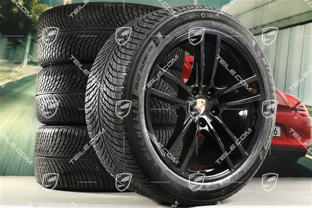 21" Cayenne Turbo Winterräder Satz, Felgen 9,5J x 21 ET46 + 11,0J x 21 ET58 + NEUE Michelin Winterreifen 285/45 R21 + 305/40 R21, mit RDK-Sensoren, schwarz hochglanz