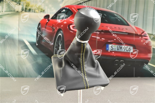 GT4, Gałka zmiany biegów z mieszkiem, czarna skóra z żółtą nicią, 6 biegów manual