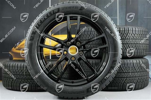 20" koła zimowe Cayenne Sport, komplet, felgi 9J x 20 ET50 + 10,5J x 20 ET64 + opony zimowe Michelin 275/45 R20 + 305/40 R20, z czujnikami ciśnienia, czarny połysk