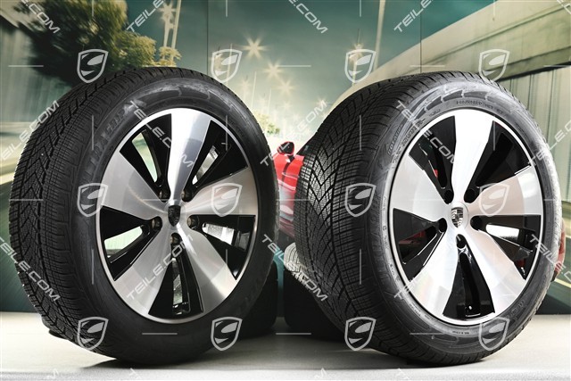 20" koła zimowe Macan, felgi 7,5J x 20 ET32 + 10J x 20 ET49 + opony zimowe Goodyear 235/55 R20 + 285/45 R20, czarny wysoki połysk, przebieg około 30km