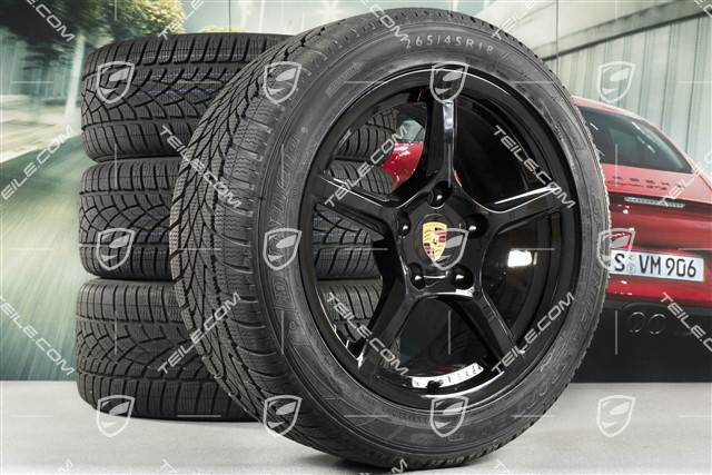 18" Boxster Winterräder Satz, 8J x 18 ET57 + 9J x 18 ET47 + NEUE Winterreifen Dunlop 235/45 R18 + 265/45 R18, schwarz hochglanz, ohne RDK-Sensoren