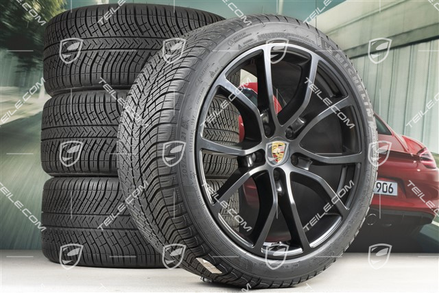 21" koła zimowe Cayenne Exclusive Design, komplet, felgi 9,5J x 21 ET46 + 11,0J x 21 ET58 + NOWE opony zimowe ichelin Pilot Alpin 5 275/40 R21 + 305/35 R21, z czujnikami ciśnienia, czarny satynowy mat