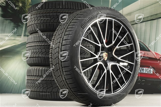 21" koła zimowe Cayenne RS Spyder, komplet, felgi 9,5J x 21 ET46 + 11,0J x 21 ET58 + opony zimowe Continental 275/40 R21 + 305/35 R21, z czujnikami ciśnienia, czarny wysoki połysk