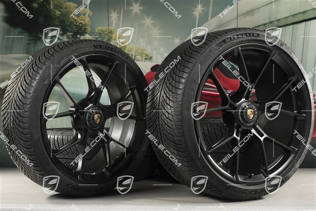 20"+21" Winterräder GT3 / GT3RS, komplett, Felgen mittig montiert 9J x 20 ET43 + 11,5J x 21 ET46 + Winterreifen Michelin Pilot Alpin 5 245/35 R20 + 305/30 R21, schwarz satiniert matt