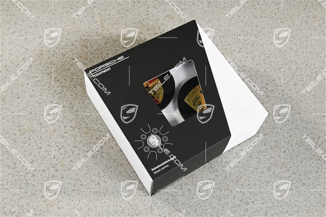 Radzierdeckel Satz (4 Stück), konvex, schwarz seidenmatt, mit farbigem Porschewappen