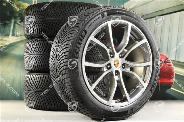 21" Cayenne COUPE Exclusive Design Winterräder Satz, Felgen 9,5J x 21 ET46 + 11,0J x 21 ET49 + Michelin Pilot Alpin 5 SUV Winterreifen 285/45 R21 + 305/40 R21, mit RDK-Sensoren