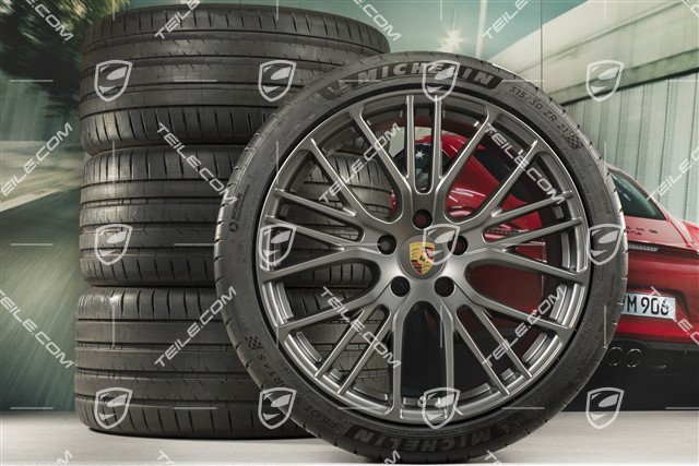 21" Panamera Exclusive Design Sport Sommerräder Satz, Felgen 9,5J x 21 ET71 + 11,5J x 21 ET69 + NEUE Michelin Sommerreifen 275/35 R21 + 315/30 R21, mit RDK-Sensoren, in Platinum Seidenmatt