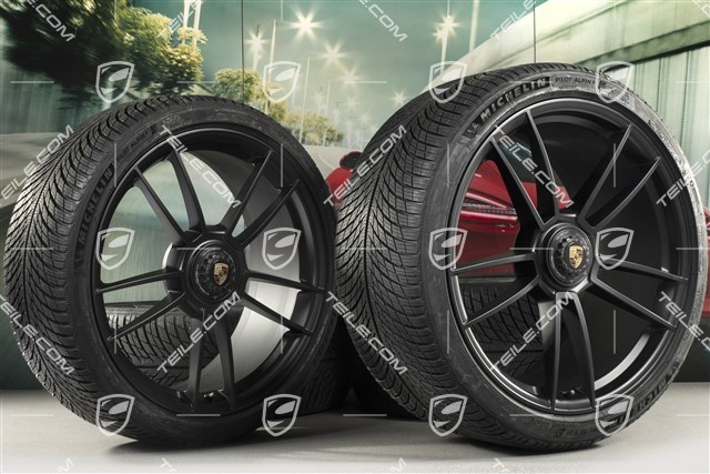 20"+21" GTS komplet kół zimowych "Turbo S", felgi centralnie mocowane 8,5J x 20 ET50 + 11J x 21 ET66 + NOWE opony zimowe Michelin 245/35 R20 + 295/30 R21, czarny satynowy półmat