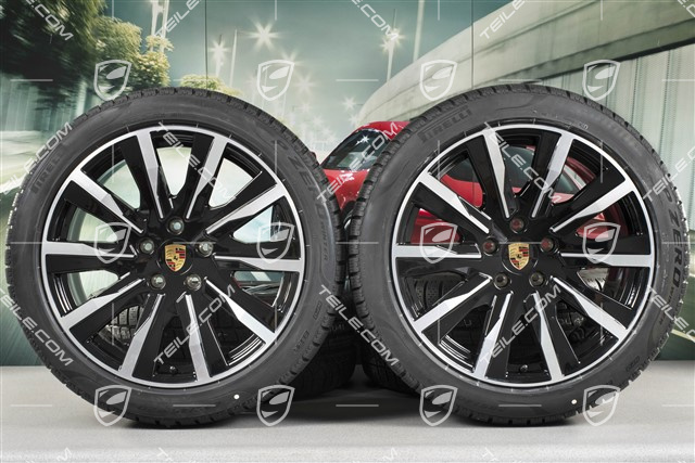 20" Taycan Tequipment Design Winterräder Satz, Felgen 9J x 20 ET54 + 11J x 20 ET60 + NEUE Pirelli Winterreifen 245/45 R20 + 285/40 R20, in Schwarz Hochglanz