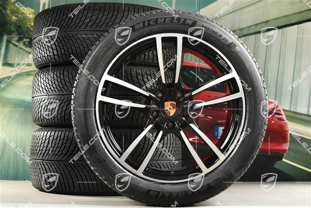 21" koła zimowe Cayenne Turbo, komplet, felgi 9,5J x 21 ET46 + 11,0J x 21 ET58 + opony zimowe Michelin 285/45 R21 + 305/40 R21, z czujnikami ciśnienia, czarny wysoki połysk