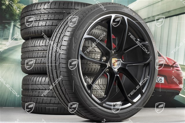 22" Cayenne Coupé GT Sommerräder Satz, Felgen 10J x 22 ET48 + 11,5J x 22 ET52 + Pirelli P Zero Sommerreifen 285/35 R22 + 315/30 R22, mit RDK-Sensoren, schwarz seidenmatt