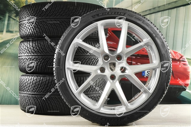 21" Panamera SportDesign Koła zimowe, komplet, felgi 9,5J x 21 ET71 + 10,5J x 21 ET71 + NOWE opony zimowe Michelin Pilot Alpin 5 275/35 R21 + 315/30 R21, srebrny metalik