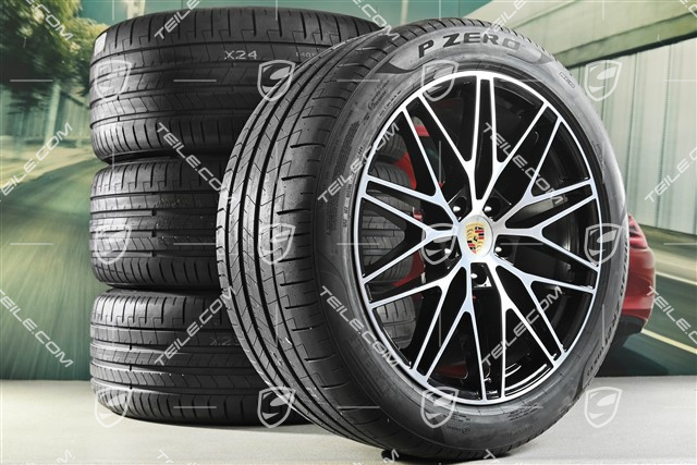 21" Cayenne Coupe RS Spyder Design Sommerräder Satz, Felgen 9,5J x 21 ET46 + 11,0J x 21 ET49 + Pirelli P Zero Sommerreifen 285/45 R21 + 315/40 R21, mit RDK-Sensoren, schwarz hochglanz