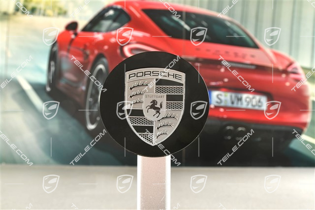 Hub cap, concave, emblem in Rhodium, black satin matt