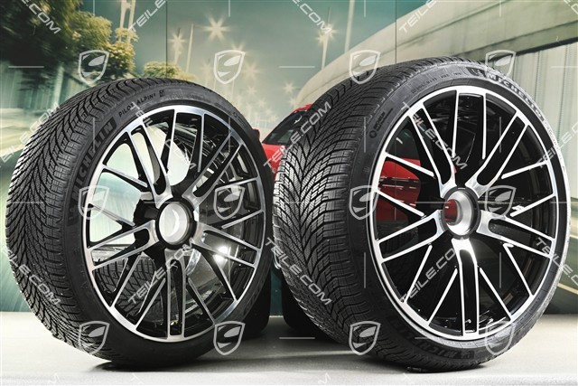 20+21" 911 Turbo S Winterräder Satz, Felgen 8,5J x 20 ET40 + 11,5 x 21 ET62 + NEUE Michelin Winterreifen 245/35 R20 + 315/30 R21, schwarz hochglanz + glanzgedrecht