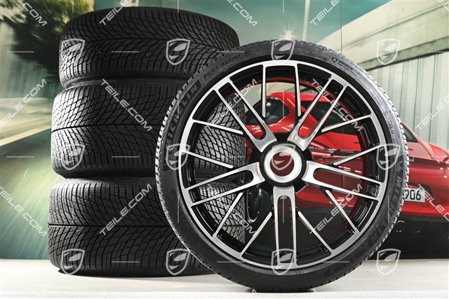 20+21" 911 Turbo S Winterräder Satz, Felgen 8,5J x 20 ET40 + 11,5 x 21 ET62 + Michelin Winterreifen 245/35 R20 + 315/30 R21, schwarz hochglanz + glanzgedrecht