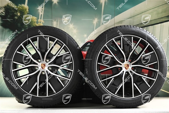 21" Macan Design Winterräder Satz, Felgen 8,5J x 21 ET27 + 10,5J x 21 ET47 + Continental Winterreifen 255/45 R21 + 285/40 R21, in Schwarz Hochglanz