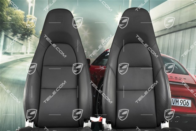 Seats, el. adjustable, 14-way, heating, lumbar, ventilation, leather, black, with Porsche crest, set, L+R