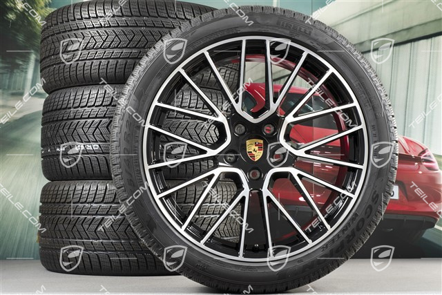 21" koła zimowe Cayenne RS Spyder, komplet, felgi 9,5J x 21 ET46 + 11,0J x 21 ET58 + NOWE opony zimowe Pirelli 275/40 R21 + 305/35 R21, z czujnikami ciśnienia, czarny wysoki połysk