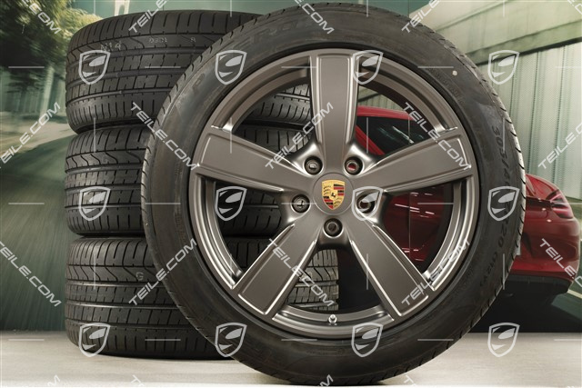 20-inch Cayenne Sport Classic summer wheel set, rims 9J x 20 ET50 + 10,5J x 20 ET64 + Pirelli summer tyres 275/45 R20 (110)Y XL + 305/40 R20 (112)Y XL, with TPMS, Platinum Satin-Matt