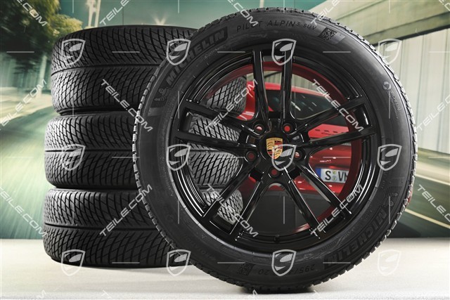 20" koła zimowe Cayenne Sport, komplet, felgi 9J x 20 ET50 + 10,5J x 20 ET64 + NOWE opony zimowe Michelin 255/55 R20 + 295/45 R20, z czujnikami ciśnienia, czarny wysoki połysk