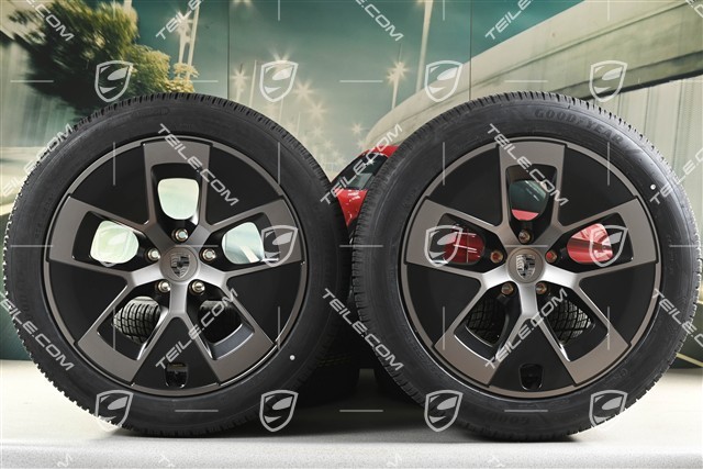 21" koła zimowe Cayenne Turbo Aero, komplet, felgi 9,5J x 21 ET16 + 11J x 21 ET37 + opony zimowe Goodyear Ultragrip Performance 3 SUV 275/45 R21 + 315/40 R21, czarny satynowy półmat + turbonite