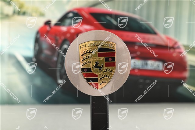 Radkappe, rund, gewölbt, mit farbigem Porsche-Wappen, Palladium-Metallic