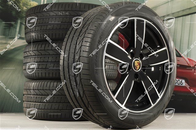 20" Cayenne Sport Classic Sommerräder Satz, Felgen 9J x 20 ET50 + 10,5J x 20 ET64 + NEUE Pirelli Sommerreifen 275/45 R20 + 305/40 R20, mit RDK-Sensoren, schwarz hochglanz