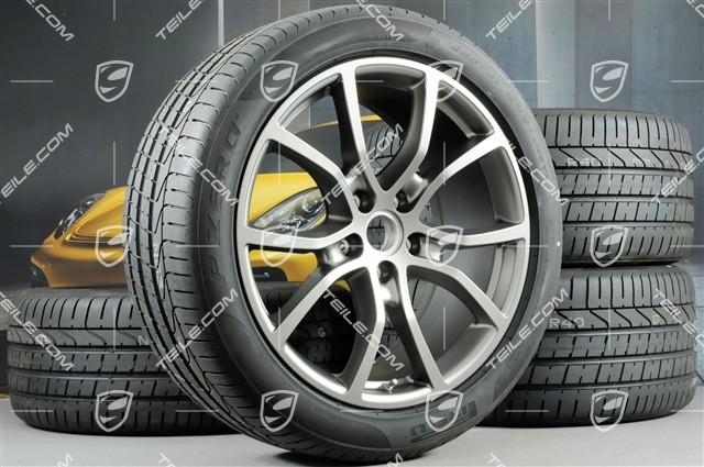 21-inch Cayenne COUPE Exclusive Design summer wheel set, rims 9,5J x 21 ET46 + 11,0J x 21 ET49 + Pirelli summer tyres 285/40 R21 + 315/35 R21, Platinum satin matt, with TPMS