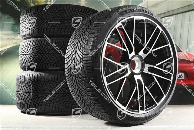 20+21" 911 Turbo S Winterräder Satz, Felgen 8,5J x 20 ET40 + 11,5 x 21 ET62 + Michelin Winterreifen 245/35 R20 + 315/30 R21, schwarz hochglanz + glanzgedrecht