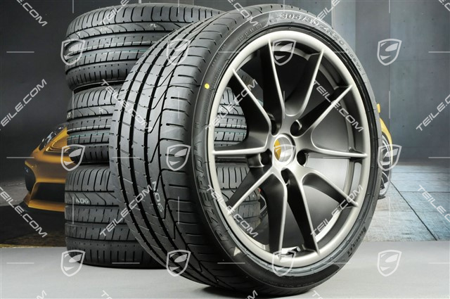 20" Sommerräder Satz Carrera S III, Felgen 8,5J x 20 ET51 + 11J x 20 ET52 + Reifen 245/35 ZR20 + 305/30 ZR20, ohne RDK-Sensoren, Platinum-Seidenmatt