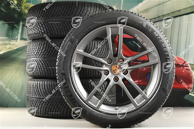 21" koła zimowe Cayenne Turbo II Design, komplet, felgi 9,5J x 21 ET46 + 11,0J x 21 ET58 + opony zimowe Michelin 285/45 R21 + 305/40 R21, z czujnikami ciśnienia, Vesuvgrau