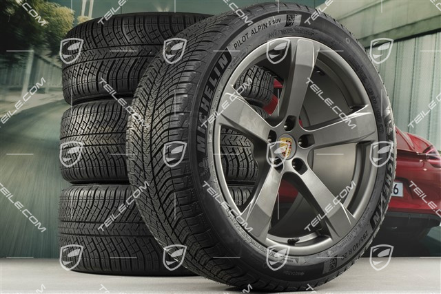 20" "Macan Sport" koła zimowe, komplet, felgi 9J x 20 ET26 + 10J x 20 ET19, opony zimowe Michelin 265/45 R 20 + 295/40 R 20, platinum satynowy półmat, z czujnikami ciśnienia RDK