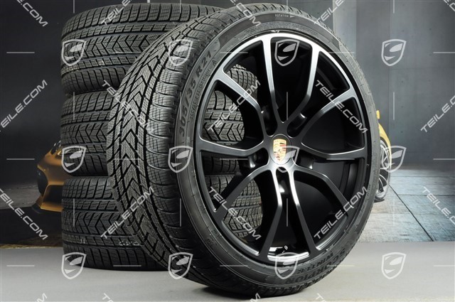 21" Cayenne Exclusive Design Winterräder Satz, Felgen 9,5J x 21 ET46 + 11,0J x 21 ET58 + NEUE Pirelli Winterreifen 275/40 R21 + 305/35 R21, mit RDK-Sensoren, Schwarz Seidenmatt