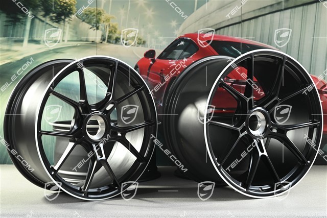 20"+21" GT3 komplet felg, 9,5J x 20 ET46 + 12J x 21 ET45, czarny satynowy półmat + biały rant