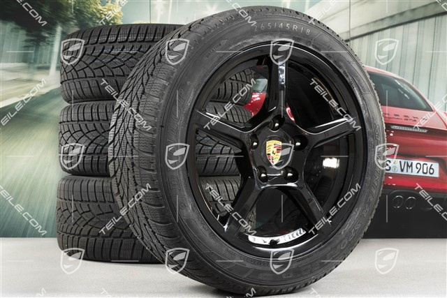 18" Boxster Winterräder Satz, 8J x 18 ET57 + 9J x 18 ET47 + NEUE Winterreifen Dunlop 235/45 R18 + 265/45 R18, schwarz hochglanz, mit RDK-Sensoren