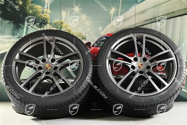 21" koła zimowe Cayenne COUPÉ Turbo Design, komplet, felgi 9,5J x 21 ET46 + 11,0J x 21 ET49 + NOWE opony zimowe Pirelli 275/40 R21 + 305/35 R21, z czujnikami ciśnienia, platinum satynowy półmat