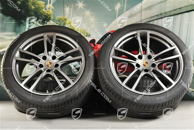 21" Cayenne Turbo Sommerräder Satz, Felgen 9,5J x 21 ET46 + 11,0J x 21 ET49 + Pirelli P Zero Sommerreifen 285/40 R21 + 315/35 R21, Platinum Seidenmatt