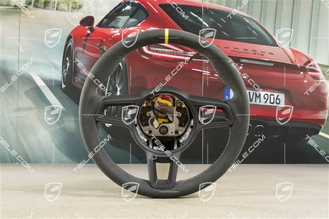 Kierownica sportowa GT, Alcantara, czarna/srebrna, Pasek Speed yellow na godz. 12