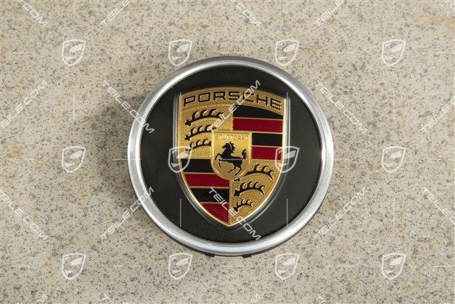 "25 Jahre Boxster" Radzierdeckel, Wappen farbig, schwarz seidenmatt