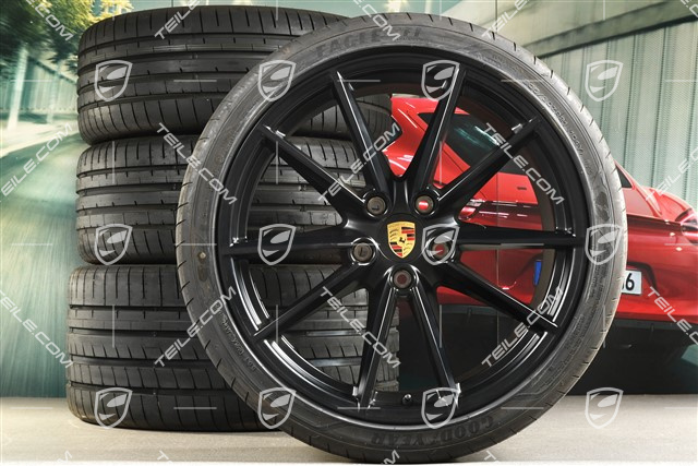 20+21-inch summer wheel set Carrera S, rims 8,5J x 20 ET53 + 11,5J x 21 ET67 + NEW Goodyear summer tyres 245/35 R20 + 305/30 R21, with TPM, black satin matt