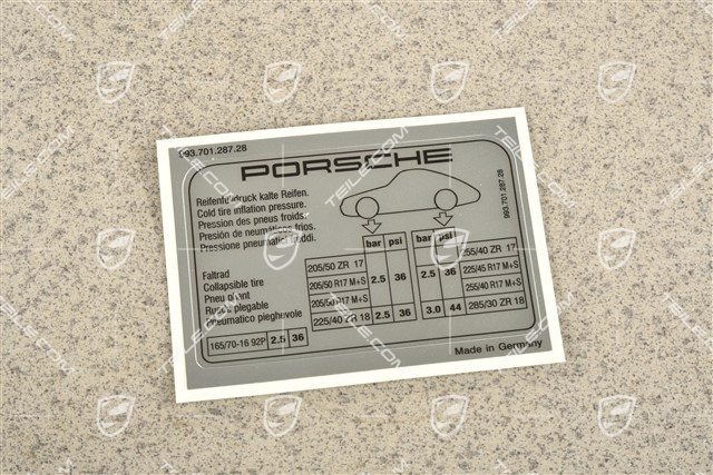 Carrera S, Hinweiss / Kennschild für Reifendruck