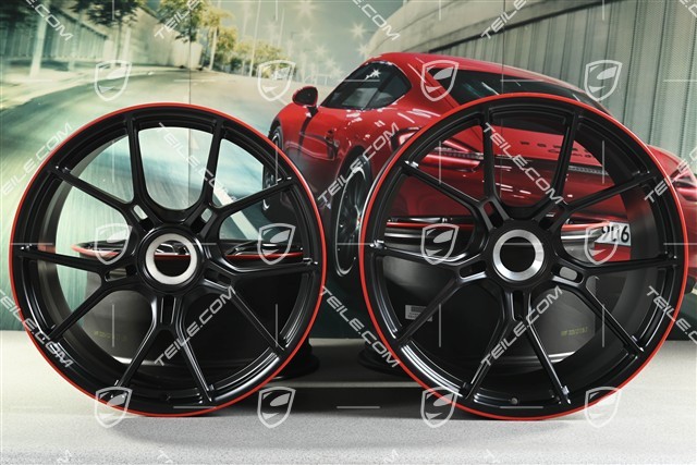 20+21 -inch GT3 wheel rim set, 9,5J x 20 ET46 + 12J x 21 ET45, black satin mat + red rim border