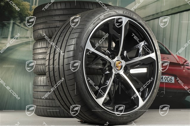 21" koła letnie Cross Turismo Design, komplet, felgi 9,5J x 21 ET60 + 11,5J x 21 ET66 + NOWE opony letnie Goodyear 265/35 R21 + 305/30 R21, czarny wysoki połysk + frezowana powierzchnia