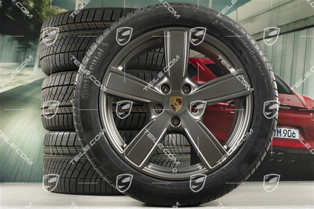 20" koła zimowe Cayenne Sport Classic Komfort, komplet, felgi 9J x 20 ET50 + 10,5J x 20 ET64 + opony zimowe Continental 275/45 R20 + 305/40 R20, z czujnikami ciśnienia, Platinum półmat satyna