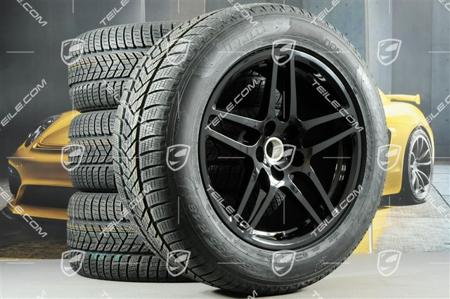 18" "Macan S" koła zimowe komplet, felgi 8J x 18 ET21 + 9J x 18 ET21 + NOWE opony zimowe Pirelli Scorpion Winter 235/60 R18 + 255/55 R18, z czujnikami, czarny wysoki połysk
