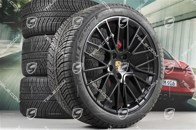 21" koła zimowe Cayenne COUPÉ RS Spyder, komplet, felgi 9,5J x 21 ET46 + 11,0J x 21 ET49 + NOWE opony zimowe Michelin 275/40 R21 + 305/35 R21, z czujnikami ciśnienia, czarny satynowy półmat